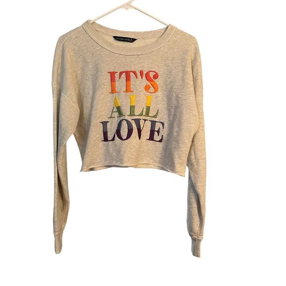 Abercrombie and Fitch Cropped Sweatshirt S Its All Love Gray Embroidered Rainbow - Picture 1 of 9